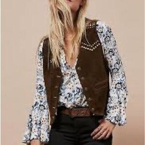 Free People Suede vest and floral bell sleeve shirt
